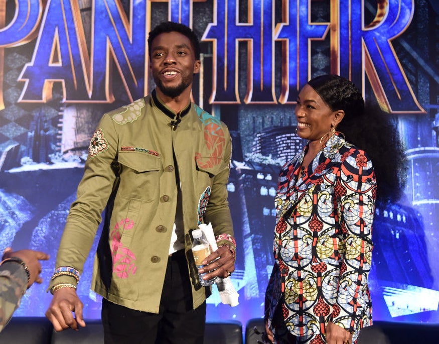 Actors Chadwick Boseman (L) and Angela Bassett attend the Marvel Studios' BLACK PANTHER Global Junket