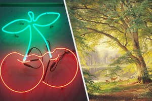 Neon sign shaped like a pair of cherries and a painting of a forest with a family of deer
