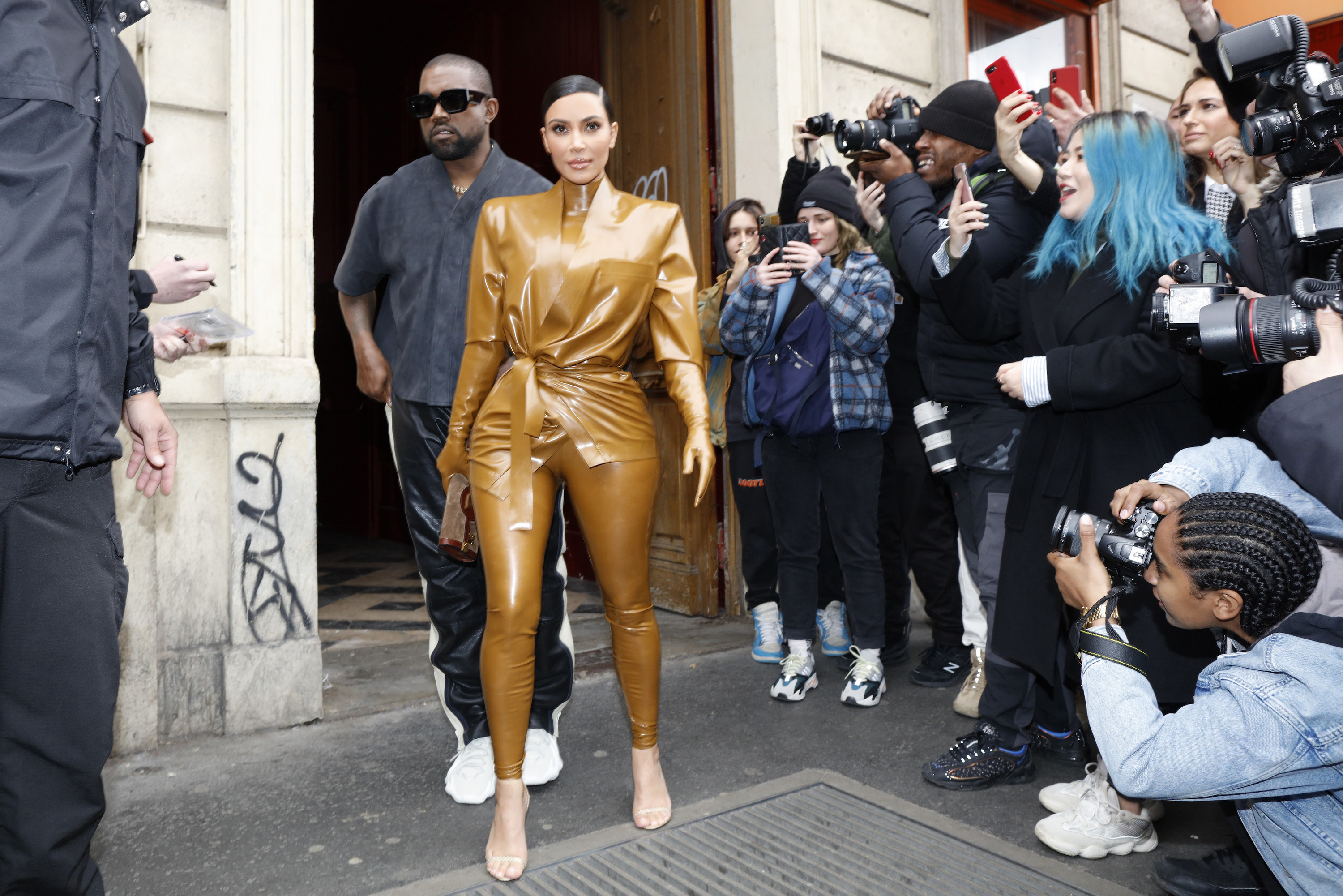 Kim Kardashian and Kanye West at the Theatre des Bouffes du Nord to attend Kanye West&#x27;s Sunday Service on March 01, 2020 in Paris, France