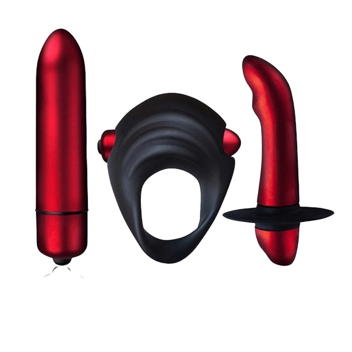 The red and black anal vibrator, cock ring and clit stimulator grouped in a row