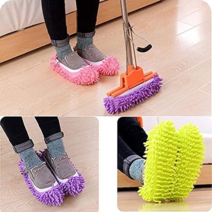 Collage of people wearing the mop slippers over their shoes and cleaning the house.