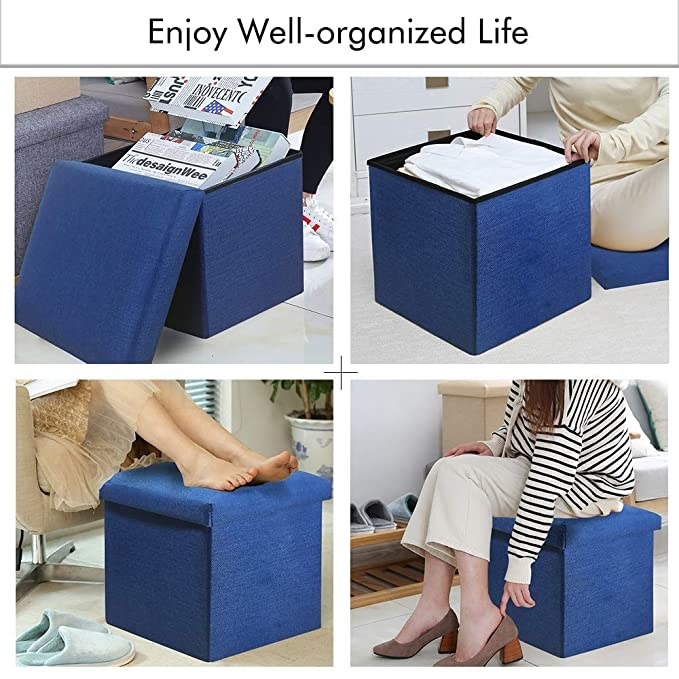 The ottoman being used for different purposes - storing books, storing clothes, as a footrest, and for sitting.