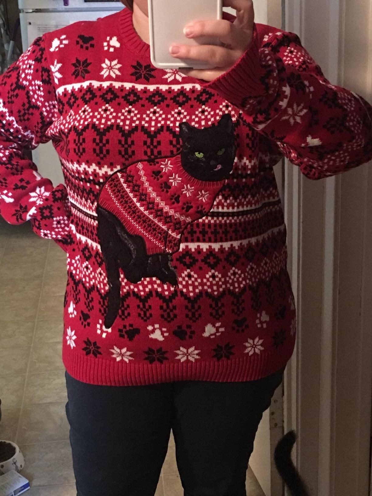 The sweater, which features a flocked cat image on top of a traditional snowflake pattern