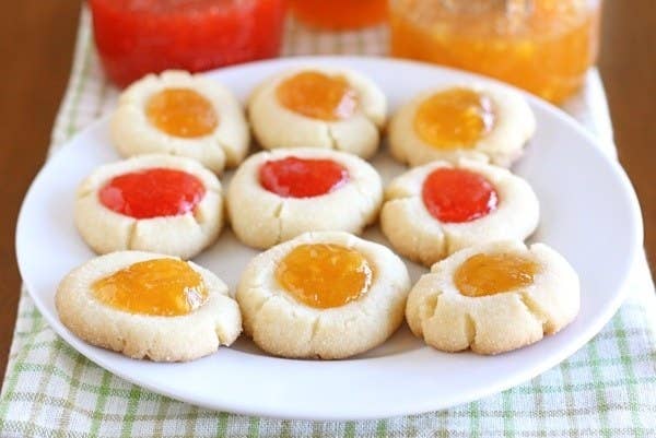 Thumbprint cookies on a white plate