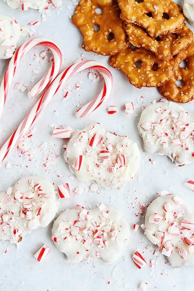 A top view of white chocolate peppermint pretzels