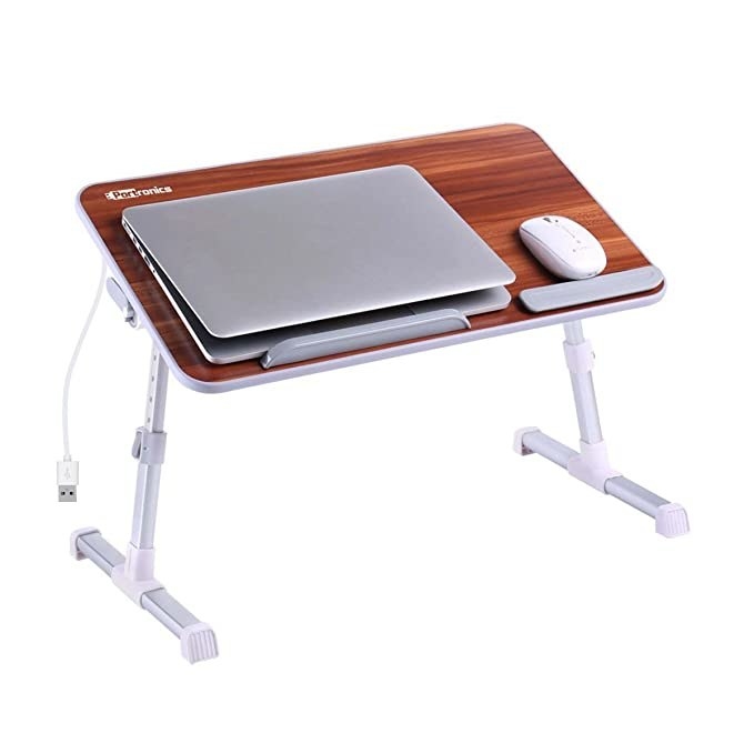 Wooden laptop table with metal legs.