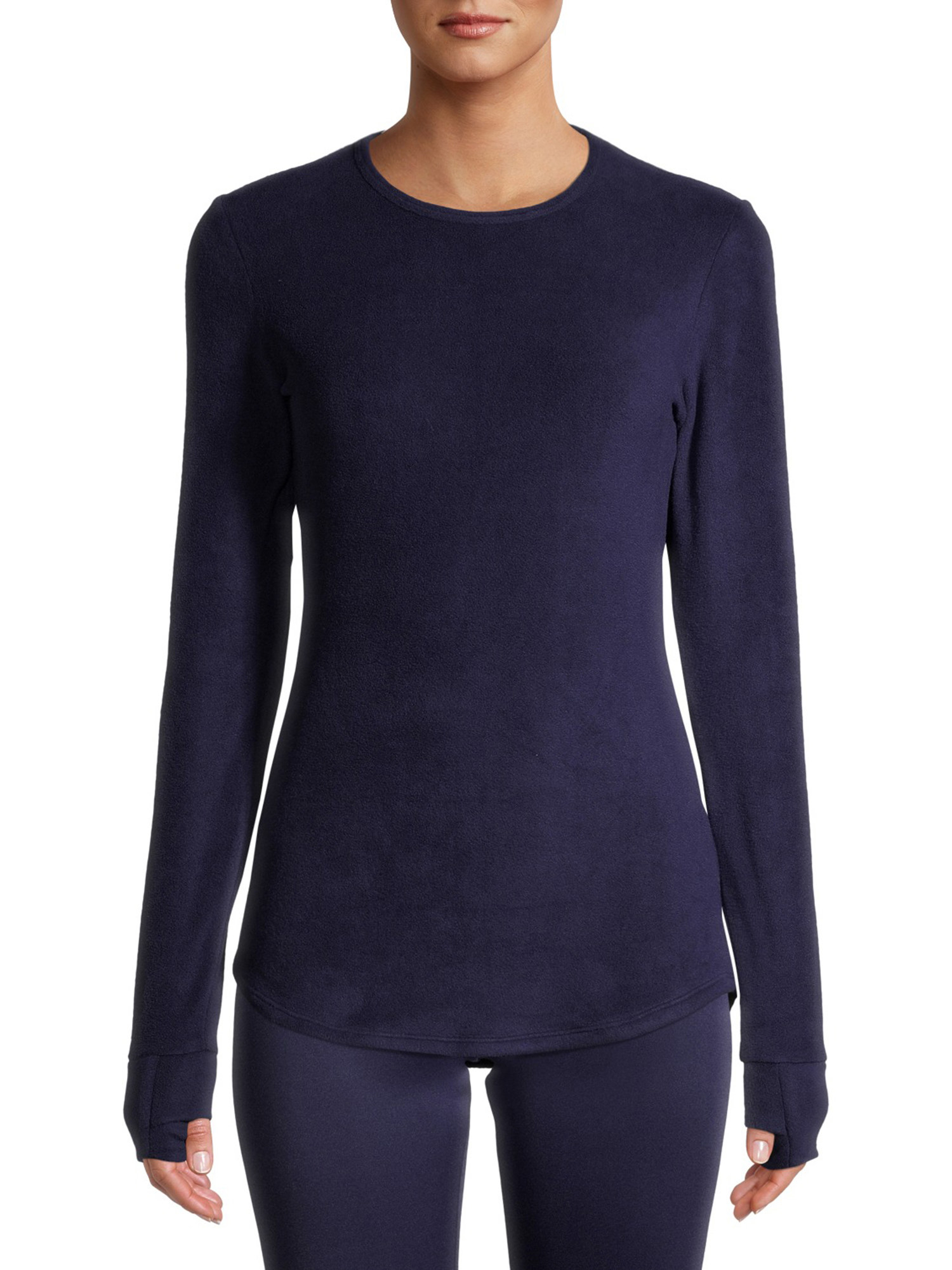 Model in long sleeve top with cuff thumbholes