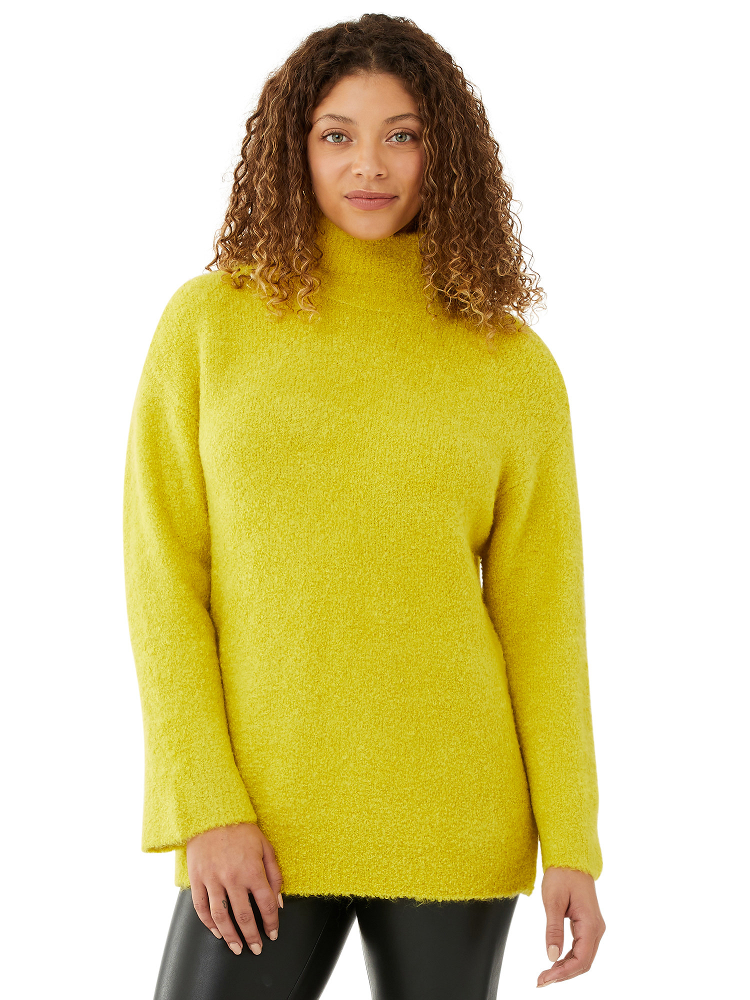 Model in cozy funnel neck tunic sweater