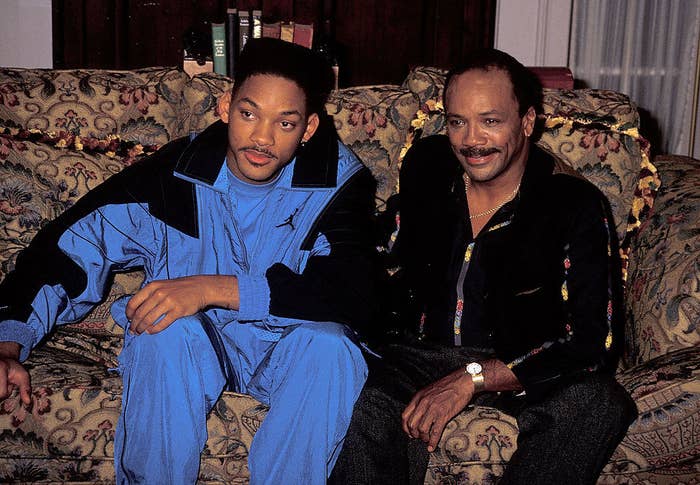 Will Smith and Quincy Jones sitting on the couch on the set of &quot;The Fresh Prince of Bel-Air&quot;