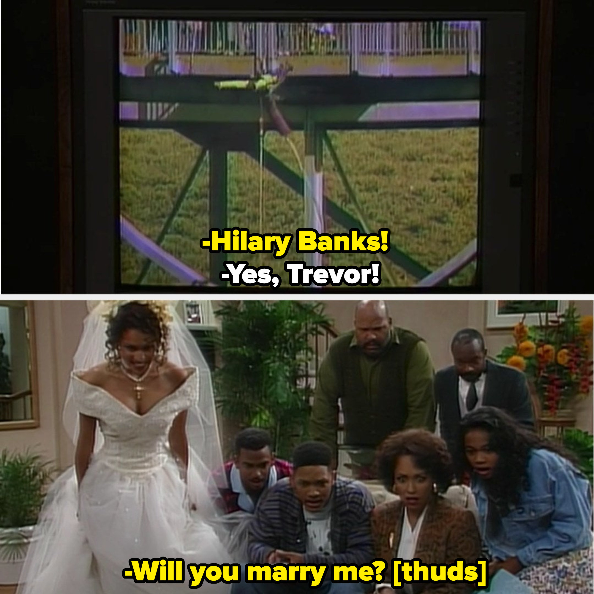 The Banks family watching Trevor proposing to Hilary on TV, and completely stunned when they realized he died