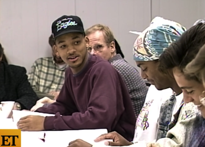 Will Smith, Karyn Parsons, and Alfonso Ribeiro sitting at a table read during one of the earlier seasons