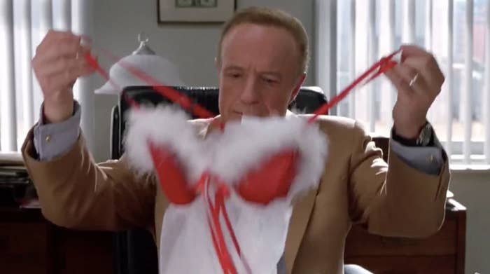 James Caan opening up a Christmas present of women&#x27;s lingerie in &quot;Elf&quot;