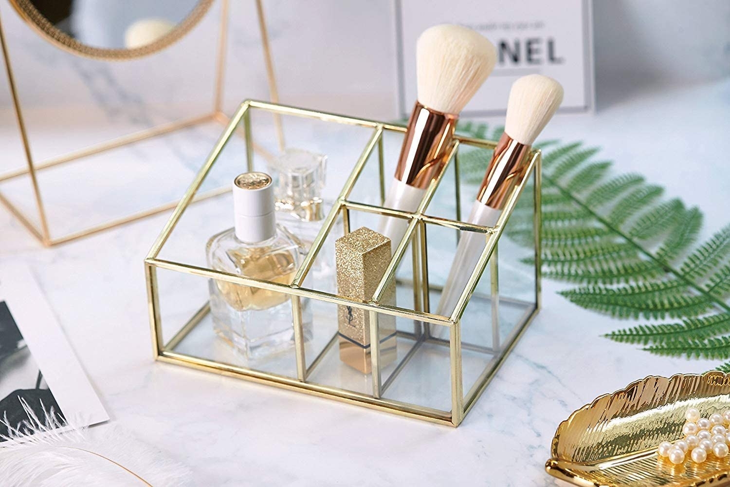 the makeup compartment with gold detailing