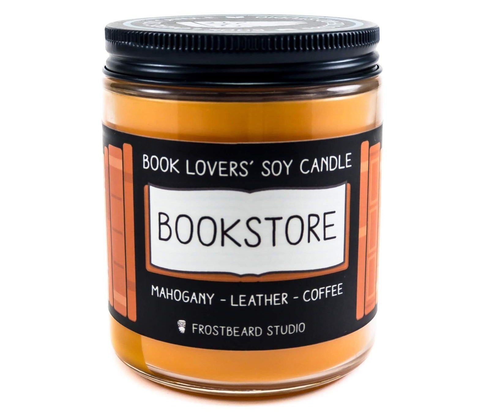 the orange candle with the bookstore label and labeled as smelling like mahogany, leather, and coffee