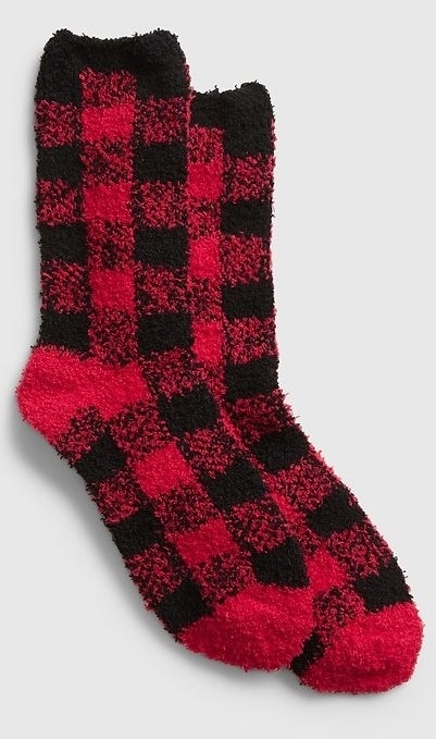 A pair of red cozy socks