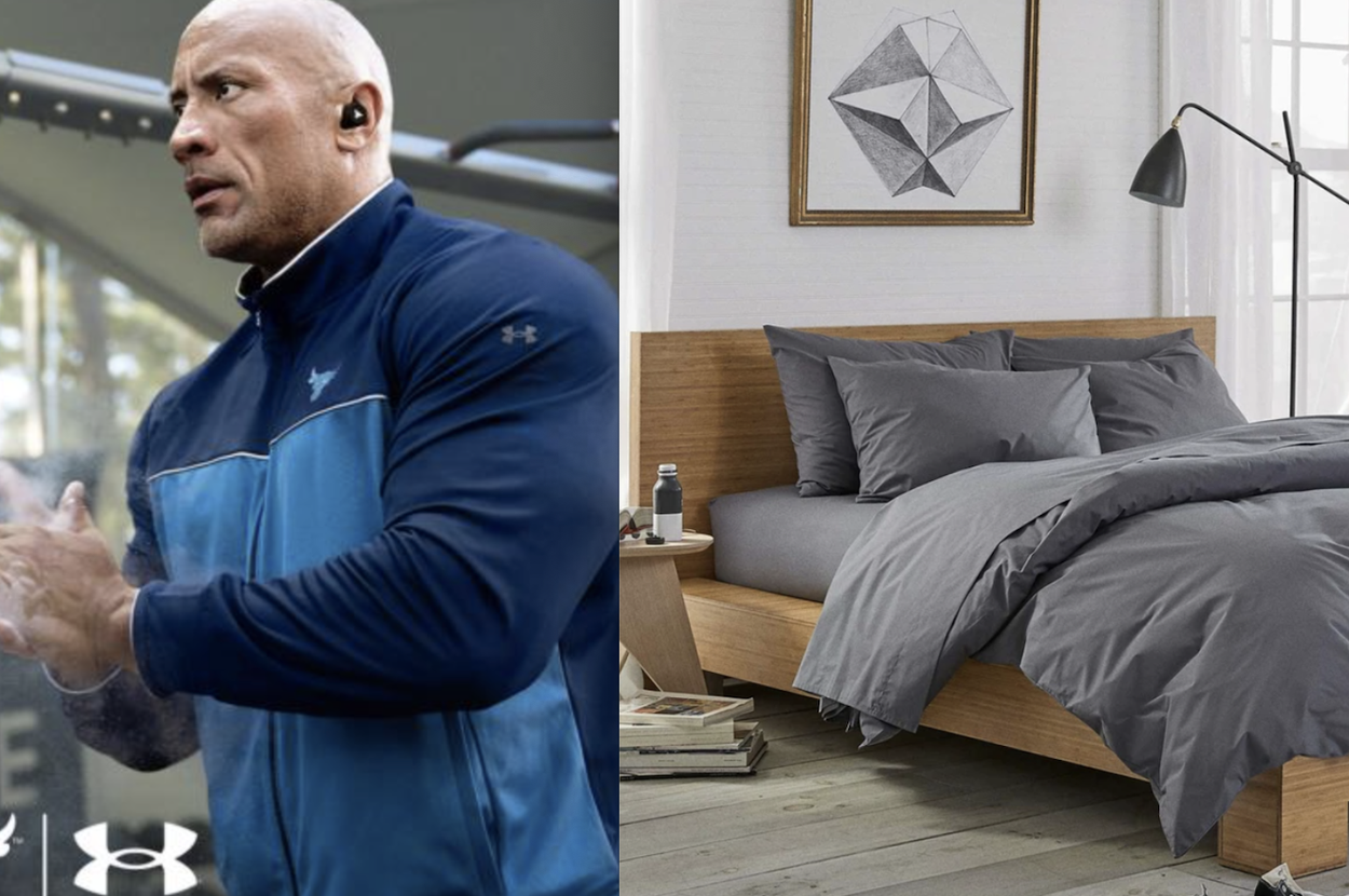 Side-by-side of The Rock working out with wireless headphones in, and a bed with a grey duvet cover