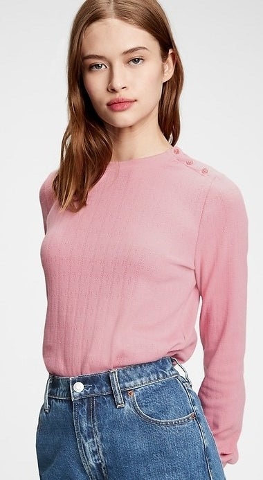 model wearing pink pointelle tee