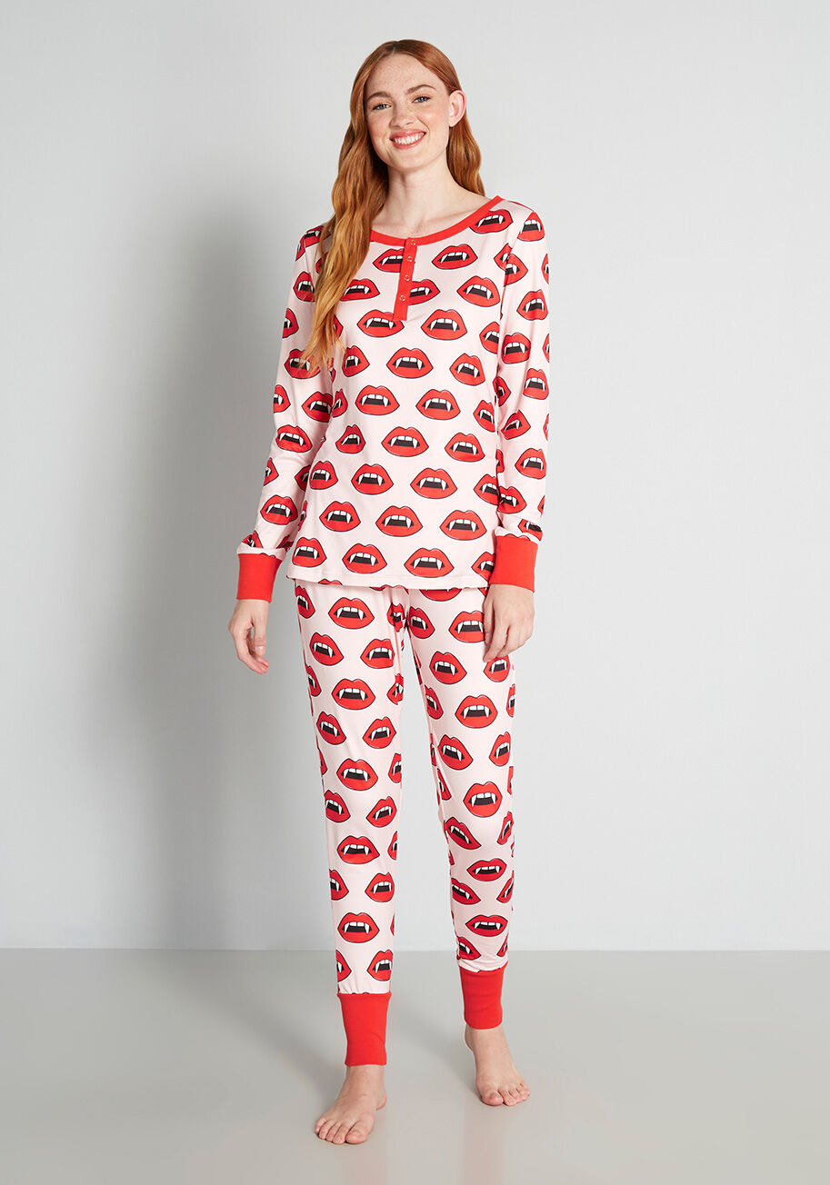 A person wearing a matching pyjamas set