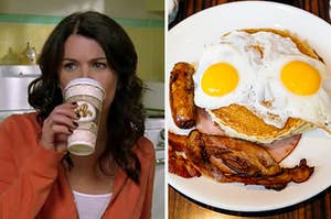 Lorelai drinking coffee on the left and a plate of bacon, sausage, eggs, and pancakes on the right
