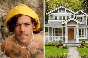 On the left, Harry Styles in the "Golden" music video, and on the right, the exterior of a home with a wraparound porch, surrounded by trees