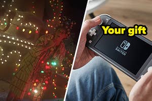A woman from "The Grinch" is decorating her house on the left with a Nintendo Switch on the right labeled, "Your gift"