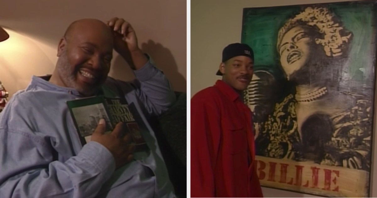 James Avery smiling on his dressing room couch while Will admires the Billie Holiday poster hanging in the room