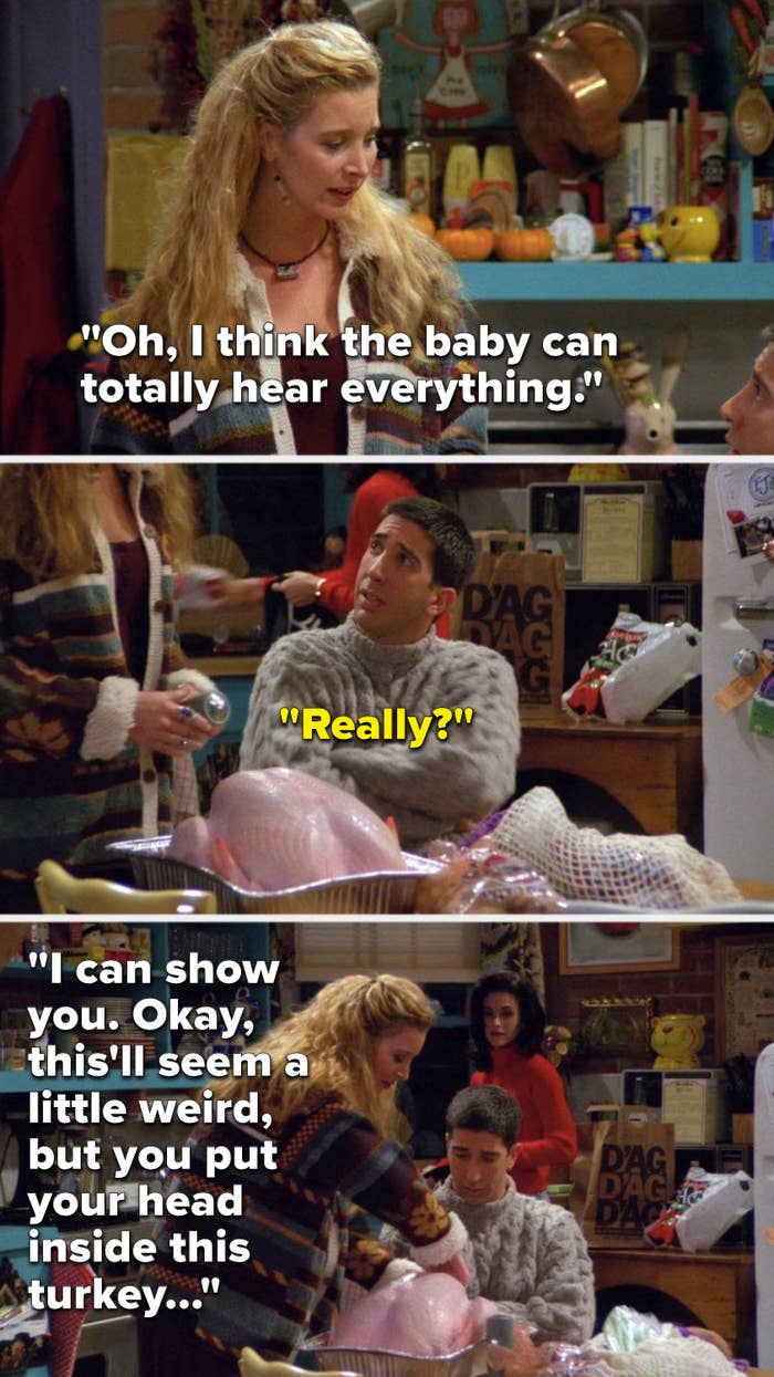 Phoebe says, &quot;Oh, I think the baby can totally hear everything,&quot; Ross asks, &quot;Really,&quot; and Phoebe says, &quot;I can show you, okay, this&#x27;ll seem a little weird, but you put your head inside this turkey&quot;