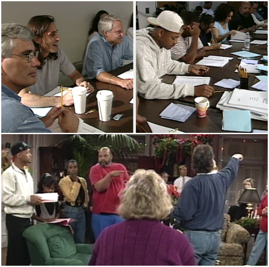 A shot of &quot;The Fresh Prince&quot; cast reading an episode at the table, and the cast rehearsing during Season 1