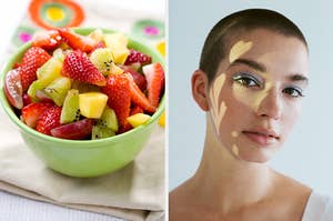 On the left, a bowl of fruit salad with grapes, pineapple, kiwi, and strawberries, and on the right, someone with a buzz cut
