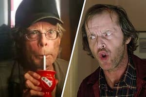 Stephen King drinking from a straw while Jack from the shining makes a funny face at him