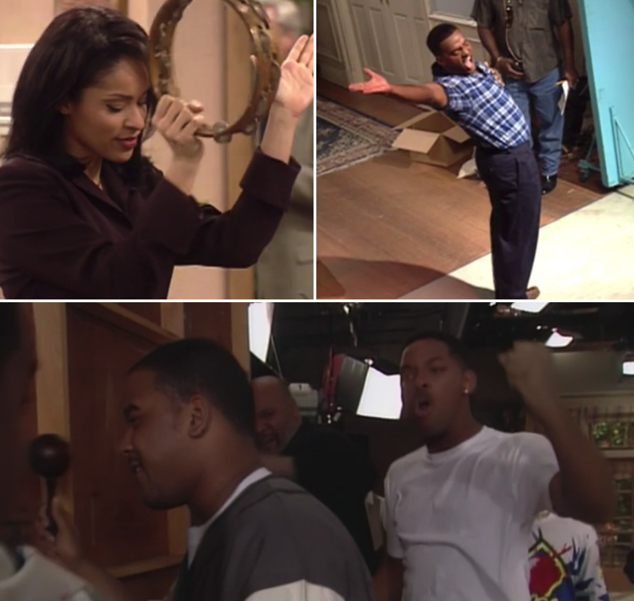 Karyn Parsons playing the tambourine, Alfonso Ribeiro singing and dancing, and James Avery and Will Smith banging on one of the set walls