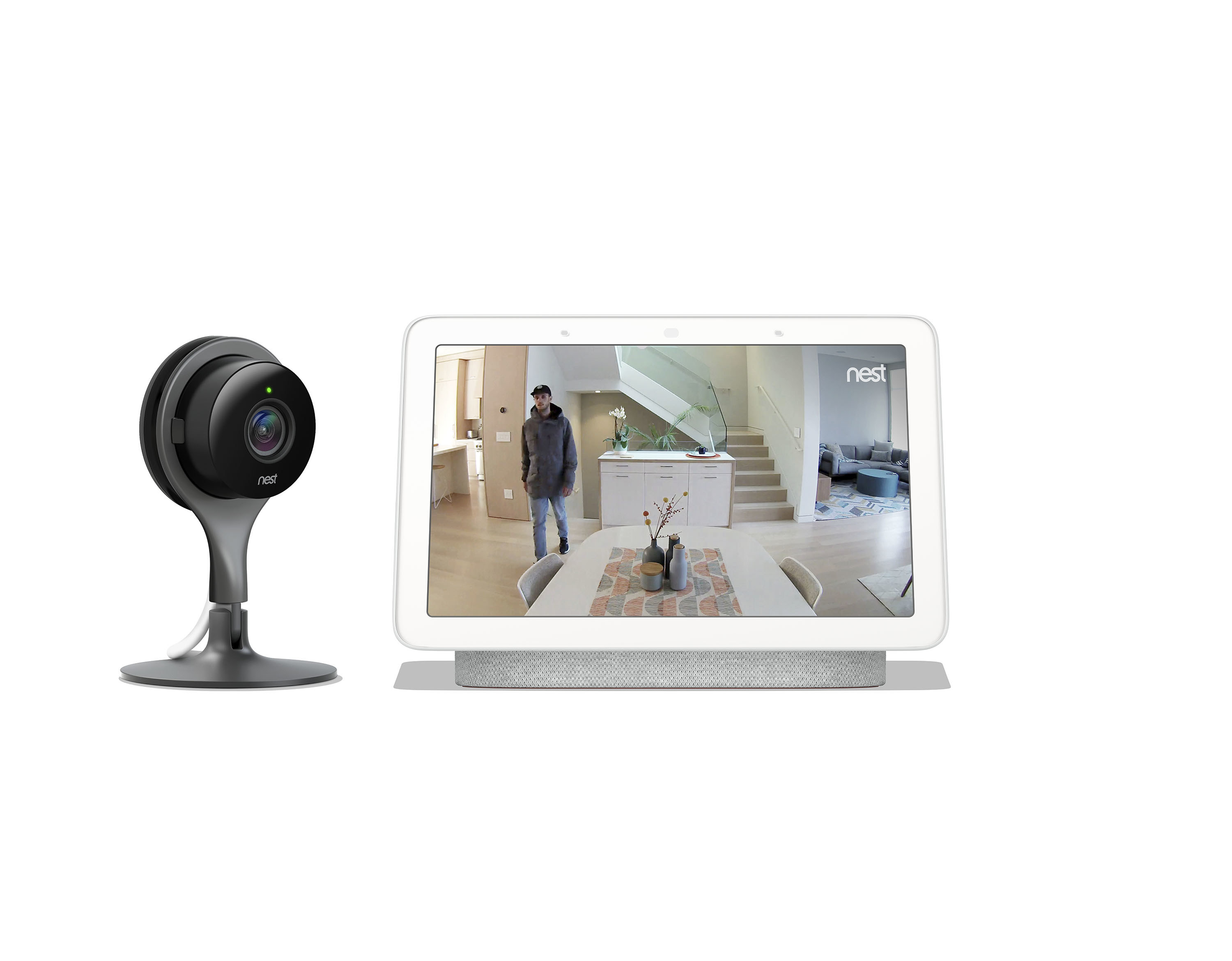 Google Nest alongside Nest Hub footage of man in dining room. 