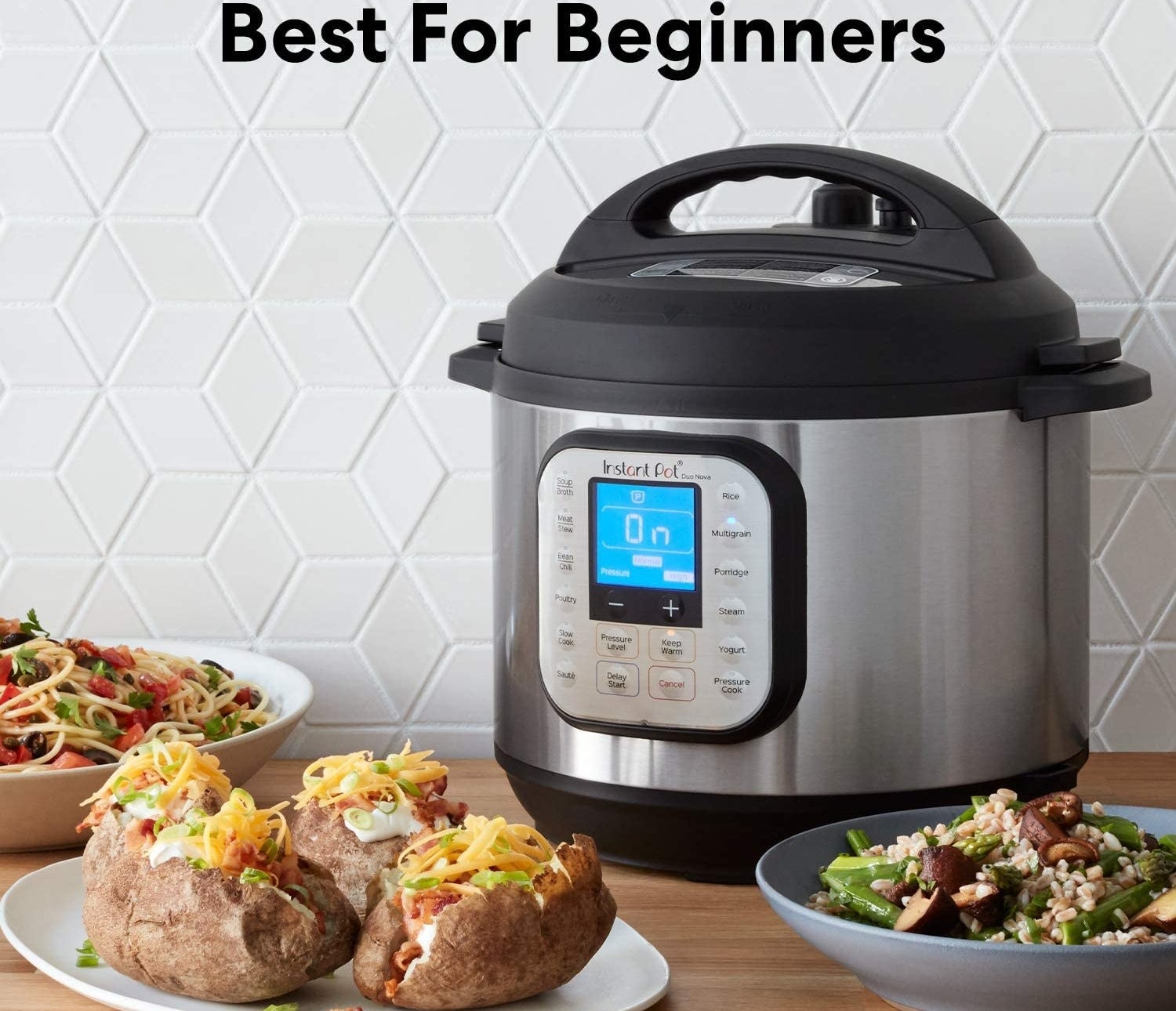 the instant pot duo surrounded by plates of food