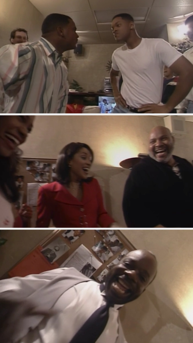 Will Smith, Alfonso Ribeiro, Karyn Parsons, James Avery, Joseph Marcell, and Tatyana Ali dancing in Will&#x27;s dressing room