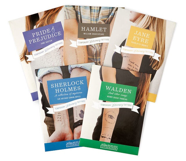 the various tattoos based off books including pride & prejudice, hamlet, jane eyre, sherlock holmes, and walden