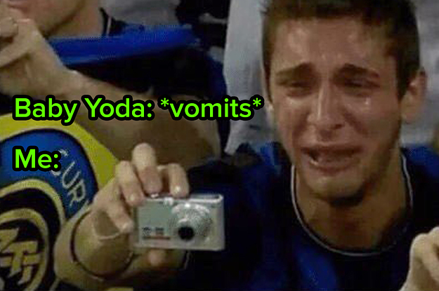A meme of a guy taking a picture of baby yoda vomiting