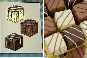 Dave's cube cakes side-by-side with their drawing