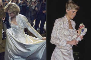 Princess Diana in a white ball gown in The Crown vs. IRL