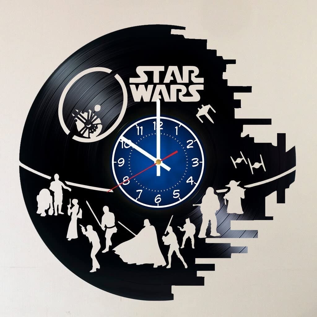 vinyl clock with different star wars characters and ships cut out of it