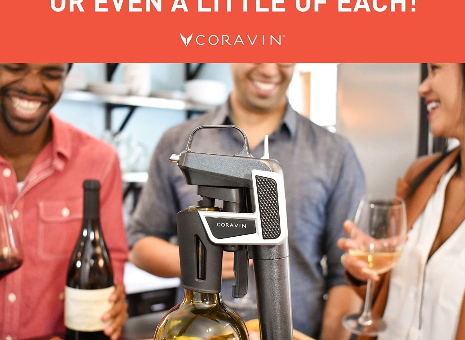 The wine opener on a bottle of wine with people gathered around it drinking glasses of wine