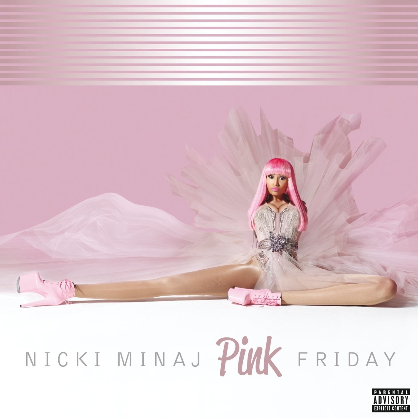 Cover of Pink Friday featuring Nicki in a elegant ballerina type costume sitting on the floor 
