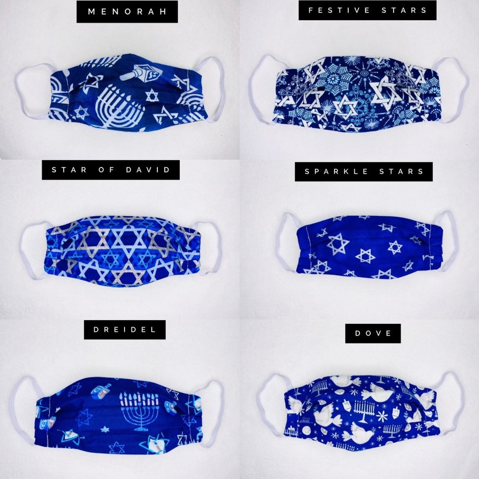 the six different types of blue and white hanukkah themed masks