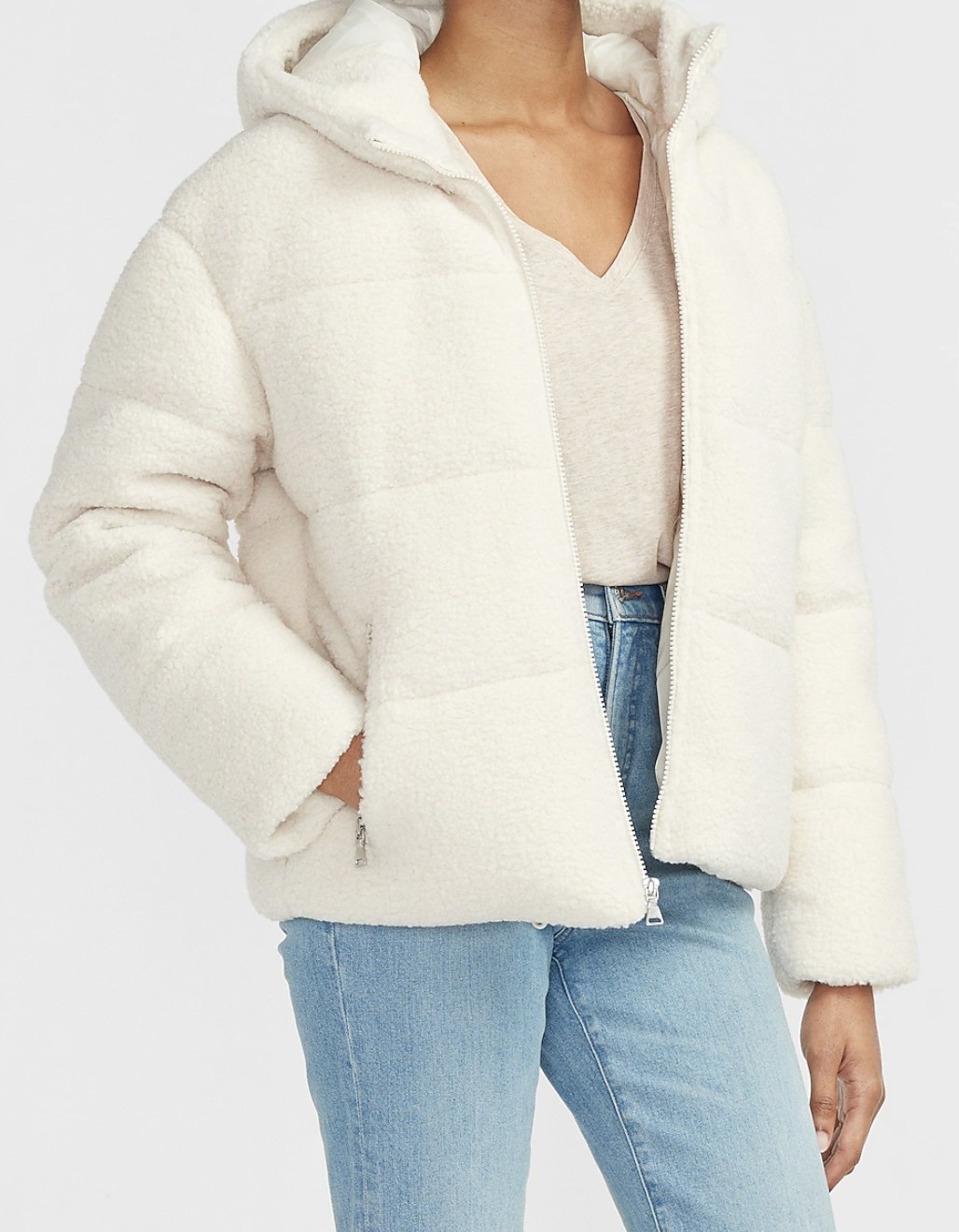 sherpa puffer coat in ivory