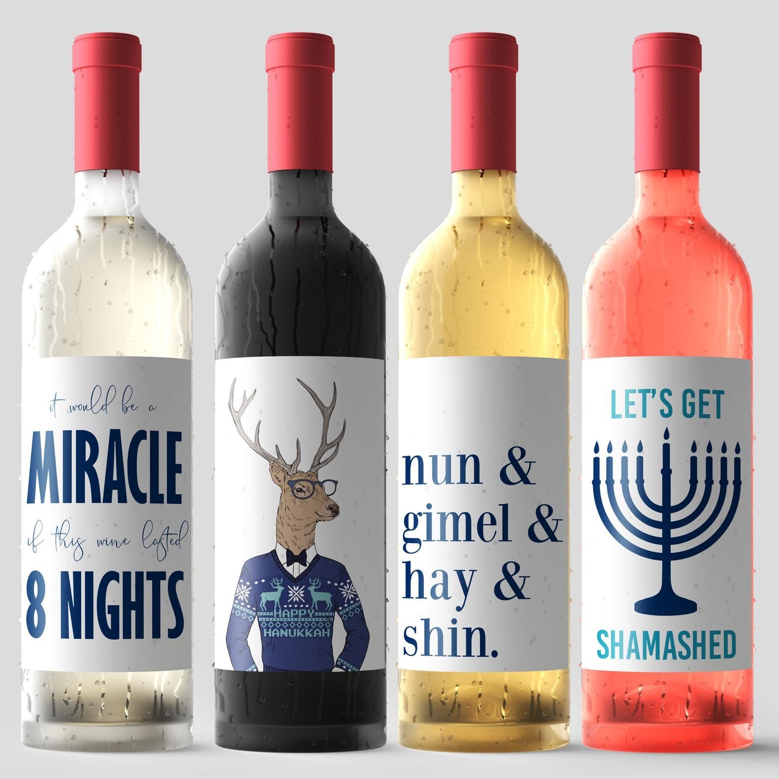 four of the eight wine labels on bottles of wine