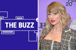 Splitscreen of purple graphic with THE BUZZ in white letters on the right side and a photo of Taylor Swift in a plaid jacket looking at the camera with her face in slight profile on the left side. (CREDIT: GETTY)