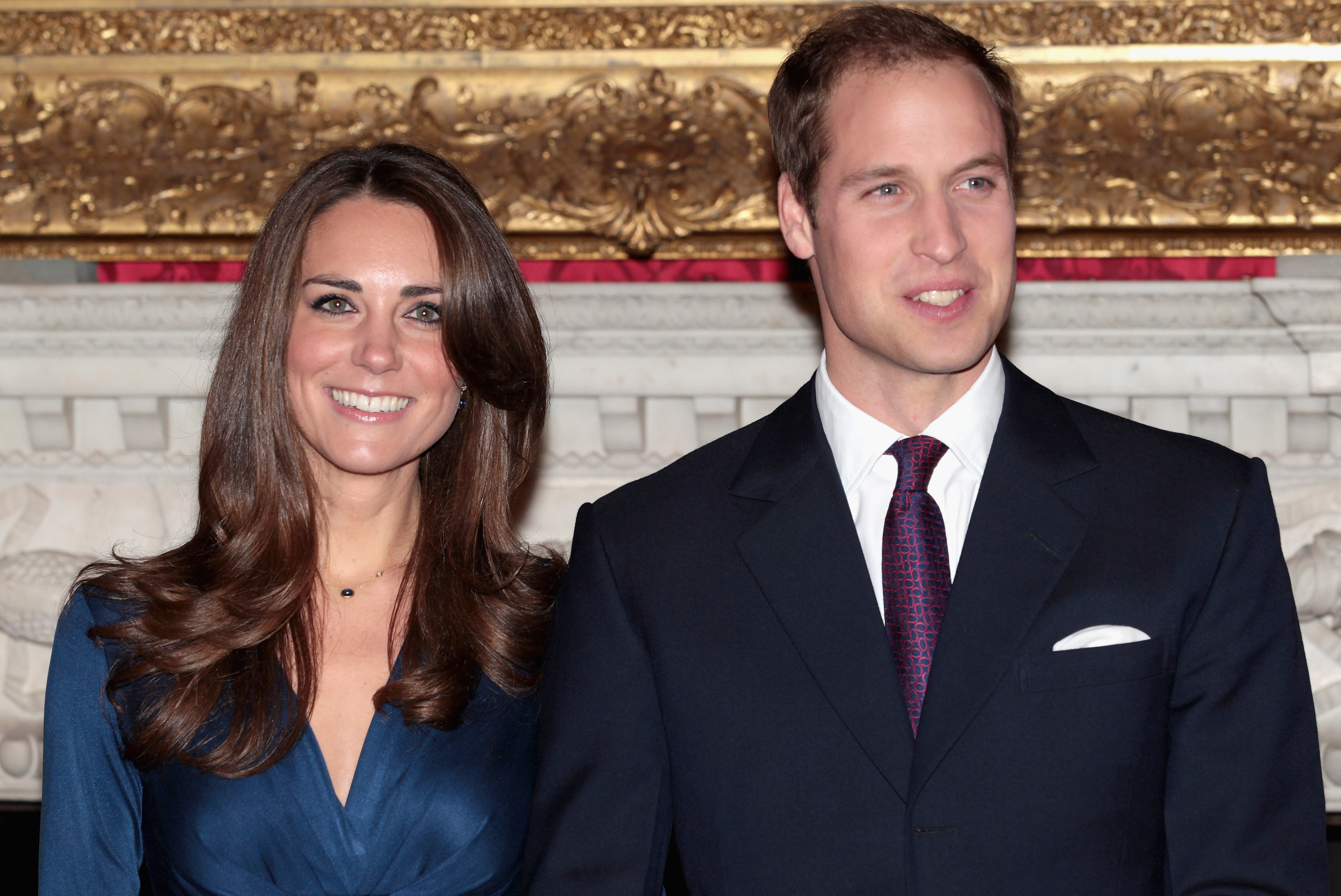 A photo of Kate and William standing next to each other during their engagement press conference 