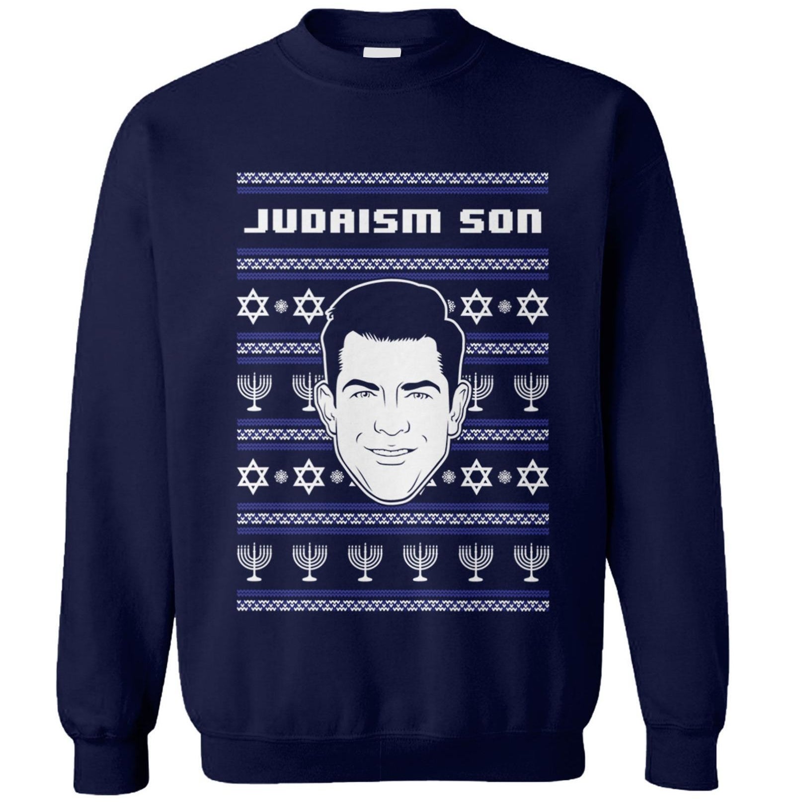 the blue crewneck with prints of menorahs and stars of davids and a graphic of schmidt&#x27;s face