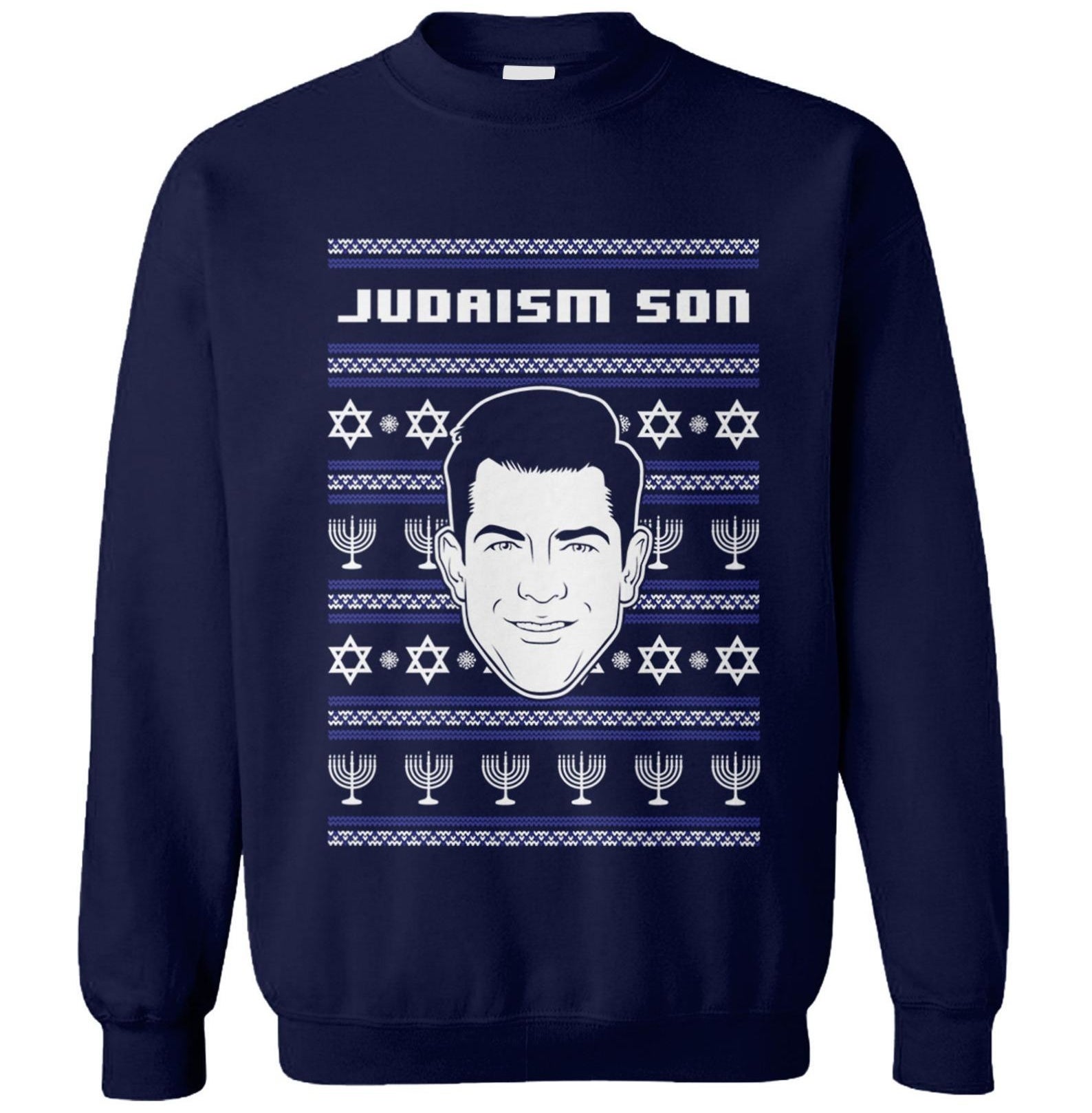 the blue crewneck with prints of menorahs and stars of davids and a graphic of schmidt's face