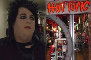 Jonah Hill dressed goth, and an entrance to a Hot Topic store