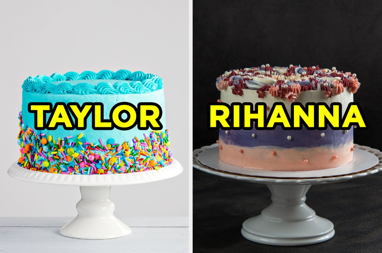 On the left, a cake with bright frosting and sprinkles surrounding it labeled "Taylor," and on the right, a cake with ombre frosting, frosting flowers, and edible pearls on it labeled "Rihanna"